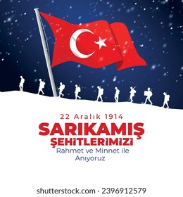 Dalgalanan Türk Bayrağı vektör. 22 Aralık 1914. Sarıkamış Şehitlerimizi Rahmet ve minnet ile anıyoruz.
translation: 22 December 1914. We commemorate our Sarıkamış martyrs with mercy and gratitude.