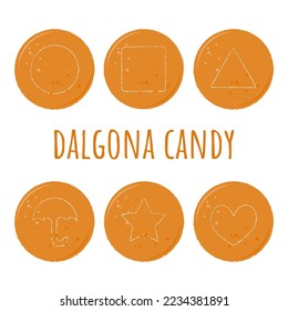Juego de dulces Dalgona. Pasteles de comida callejera coreanos. Combo de miel de azúcar con patrón de corazón de estrella de paraguas cuadrado de triángulo circular. Sencillo estilo plano dibujado a mano. Ilustración vectorial.