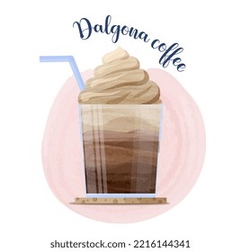 Concepto de café dalgona. Dulces, postres y delicadeza. Menú para cafés y restaurantes. Afiche publicitario o banner para el sitio web. Beber caliente con leche y crema. Dibujo vectorial plano de dibujos animados