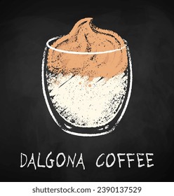 Dalgona coffee cup on black chalkboard background. Vector chalk drawn sideview grunge illustration.