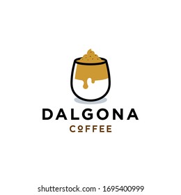 dalgona coffee drink logo with cream and glass icon in trendy minimal line cartoon illustration