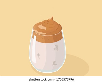 Dalgona coffee is a fluffy drink made by whipping in equal proportions instant coffee, sugar and hot water until it becomes creamy, and then adding it to cold or hot milk. Colored Vector Illustration.