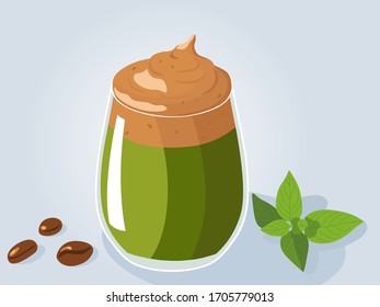 Dalgona coffee is a fluffy drink made by whipping in equal proportions instant coffee, sugar and hot water until it becomes creamy, and then adding it to cold or hot milk. Colored Vector Illustration.