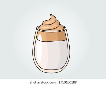 Dalgona coffee is a fluffy drink made by whipping in equal proportions instant coffee, sugar and hot water until it becomes creamy, and then adding it to cold or hot milk. Colored Vector Illustration.