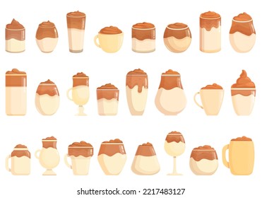 Dalgona coffee icons set cartoon vector. Cafe food. Milk drink