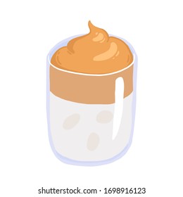 Dalgona Coffee Minimalist Vector Illustration. Glass of trending Korean whipped latte in muted pastel colors palette isolated on white background