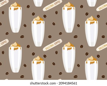Dalgona coffee seamless pattern. Glass with creamy drink. Foamy whipped coffee with milk. Repeated background for wallpaper, wrapping, packing bar, restaurant menu, party decor, beverage template