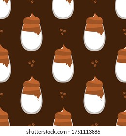 Dalgona coffee, trendy korean coffee in glass cup vector cartoon seamless pattern background.
