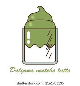 Dalgona matche coffee vector illustration. Homemade drink, matcha latte, milk tea, sweet cocktail	