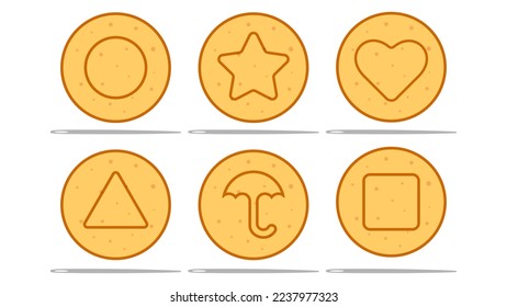 Dalgona set with spine - circle, star, heart, triangle, umbrella, square. Korean candy made with melted sugar and baking soda.