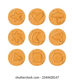 Dalgona sponge candies collection isolated on white. Korean ppopgi sugar honeycomb set. Asian retro dessert with melted sugar and baking soda. Popular street snack hand drawn flat vector illustration