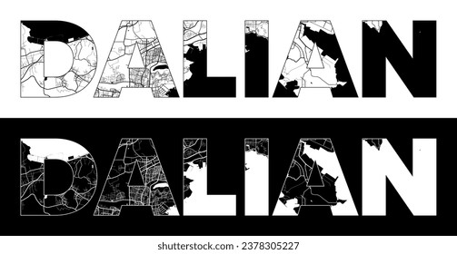 Dalian City Name (China, Asia) with black white city map illustration vector