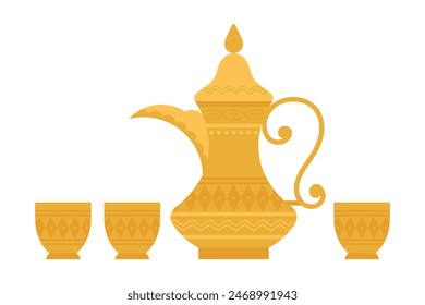 Dallah. Cafetera árabe. Vaso de oro vintage de oriente medio y tazas para bebida caliente. Ilustración vectorial plana minimalista. Aislado