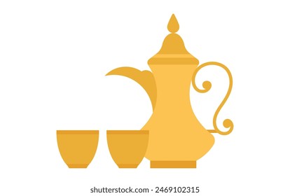 Dallah. Arabic cooper coffee pot and two cups. Simple vector illustration on white background. Minimalist style.