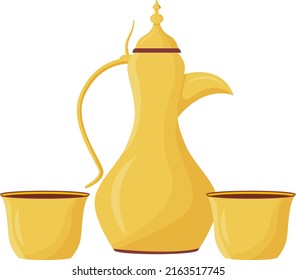 Dallah and cups semi flat color vector object. Full sized item on white. Hot beverage. Traditional oriental coffee pot simple cartoon style illustration for web graphic design and animation