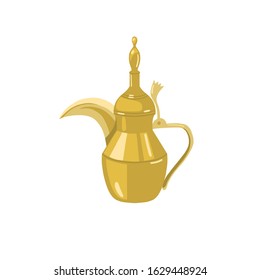 dallah - traditional golden arabic teapot, metal pot with a long spout, icon in flat cartoon style isolated on a white background, vector illustration