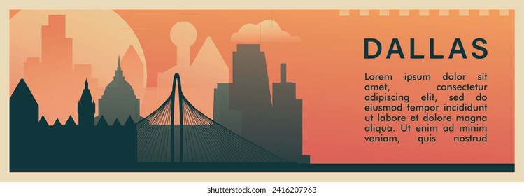 Dallas city brutalism vector banner with skyline, cityscape. USA Texas state retro horizontal illustration. US travel layout for web presentation, header, footer