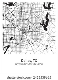 Stadtplan von Dallas. Reiseposter Vektor-Illustration mit Koordinaten. Dallas, Texas, Vereinigte Staaten von Amerika Karte im Lichtmodus.