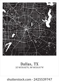 Dallas city map. Travel poster vector illustration with coordinates. Dallas, Texas, The United States of America Map in dark mode.