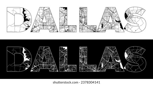 Dallas City Name (United States, North America) with black white city map illustration vector