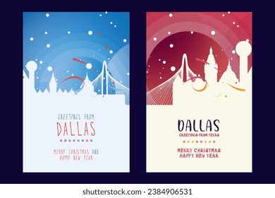 Dallas city poster with Christmas skyline, cityscape, landmarks. Winter USA holiday, New Year vertical vector layout for Texas state brochure, website, flyer, leaflet, card