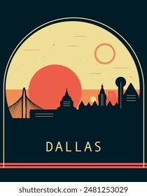 Dallas city retro style poster with skyline, cityscape. USA Texas state vintage vector illustration. US front cover, brochure, flyer, leaflet template, layout image