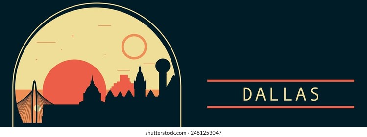 Anuncio de Vector de estilo retro de la ciudad de Dallas con horizonte, paisaje urbano. Ilustración Horizontal vintage del estado de Texas. Diseño de viajes de los Estados Unidos de América para presentación de Web, encabezado, pie de página