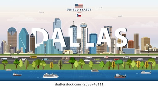 Dallas city skyline colorful vector illustration. Travel poster