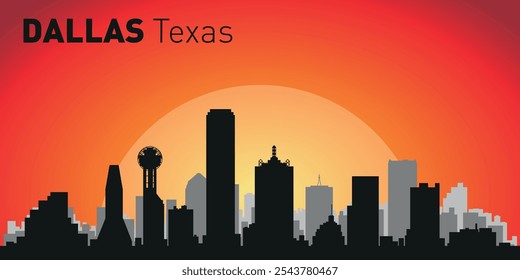 Horizonte de la ciudad de Dallas con siluetas de edificios con el telón de fondo de un Grande sol amarillo y cielo naranja. Vector en el fondo de la puesta del sol