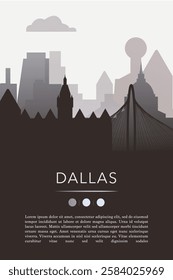 Dallas city template for website, presentation, front page, invitation, publication sheet with skyline, landmarks. Vector Texas, USA image layout, simple and grayscale