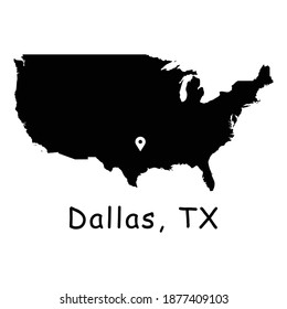 Dallas City Texas on USA Map. Detailed America Country Map with Location Pin on Dallas TX. Black silhouette vector maps isolated on white background.