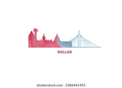 Dallas city US watercolor cityscape skyline panorama vector flat modern logo icon. USA, Texas state of America emblem with landmarks and building silhouettes. Isolated red and blue graphic