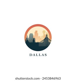 Dallas cityscape, vector gradient badge, flat skyline logo, icon. USA, Texas state city round emblem idea with landmarks and building silhouettes. Isolated abstract graphic