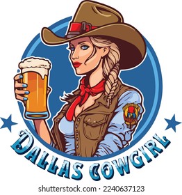 Dallas cowgirl holding beer vector illustration