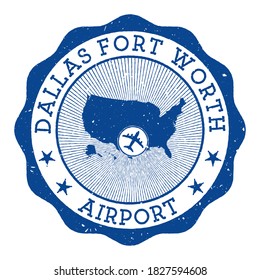 Dallas Fort Worth Airport stamp. Airport of Dallas-Fort Worth round logo with location on United States map marked by airplane. Vector illustration.