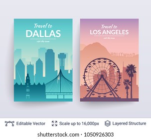 Dallas and Los Angeles famous city scapes. Flat well known silhouettes. Vector illustration easy to edit for flyers, posters or book covers.