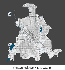 Dallas map. Detailed vector map of Dallas city administrative area. Poster with streets and water on grey background.