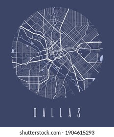 Dallas map poster. Decorative design street map of Dallas city. Cityscape aria panorama silhouette aerial view, typography style. Land, river, highways, avenue. Round circular vector illustration.