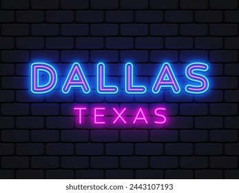 Dallas Neon im Retro-Stil auf hellem Hintergrund. Lichtglühender Effekt. Designelement. Isolierte Vektorgrafik