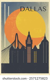 Dallas retro city poster with abstract shapes of skyline, buildings. USA, Texas state vintage travel vector illustration, cityscape at sunrise, sunset