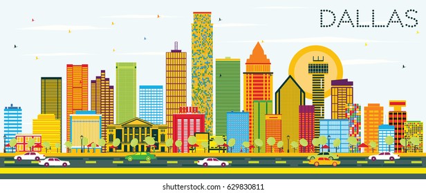 Dallas Skyline with Color Buildings and Blue Sky. Vector Illustration. Business Travel and Tourism Concept with Modern Buildings. Image for Presentation Banner Placard and Web Site.