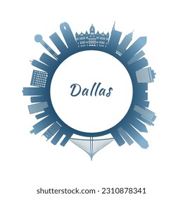 Dallas skyline with colorful buildings. Circular style. Stock vector illustration.