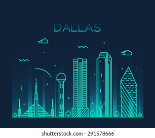 Dallas skyline, detailed silhouette. Trendy vector illustration, linear style.
