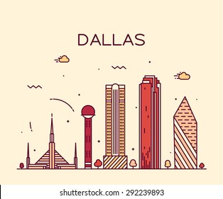 Dallas skyline, detailed silhouette. Trendy vector illustration, linear style.