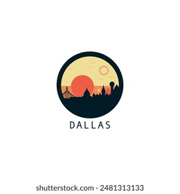 Dallas skyline, downtown panorama logo, logotype. USA, Texas state round badge contour, isolated vector vintage pictogram with monuments, landmarks