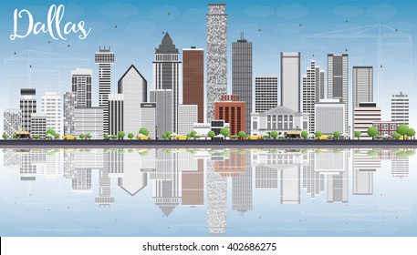 Dallas Skyline with Gray Buildings, Blue Sky and Reflections. Vector Illustration. Business Travel and Tourism Concept with Modern Buildings. Image for Presentation Banner Placard and Web Site.