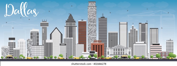 Dallas Skyline with Gray Buildings and Blue Sky. Vector Illustration. Business Travel and Tourism Concept with Modern Buildings. Image for Presentation Banner Placard and Web Site.