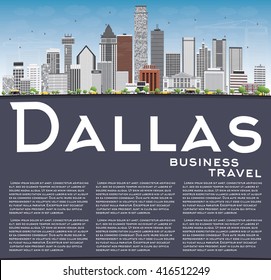 Dallas Skyline with Gray Buildings, Blue Sky and Copy Space. Vector Illustration. Business Travel and Tourism Concept with Modern Buildings. Image for Presentation Banner Placard and Web Site.