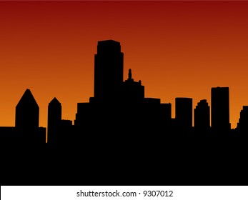 Dallas Skyline at sunset with beautiful sky illustration