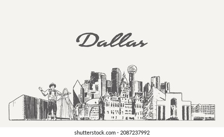 Dallas skyline, Texas, USA, hand drawn vector illustration, sketch